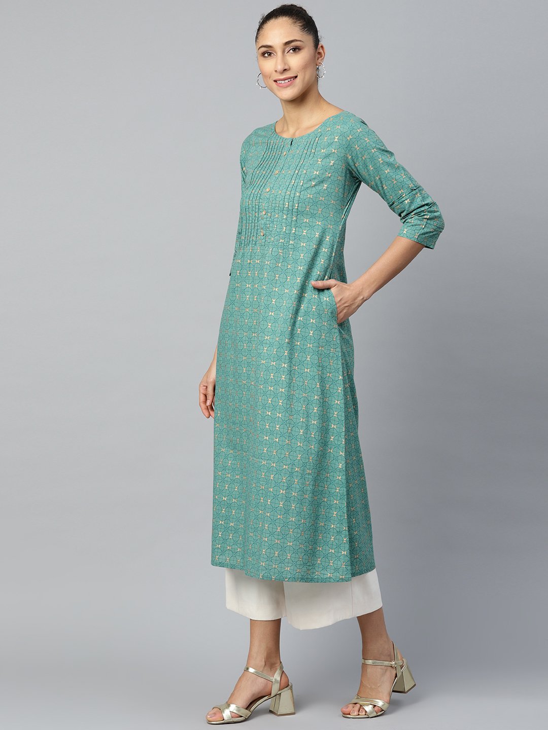 Women Green Calf Length Three-Quarter Sleeves A-Line Geometric Yoke Design Cotton Kurta | NOZ2TOZ - Made In INDIA.