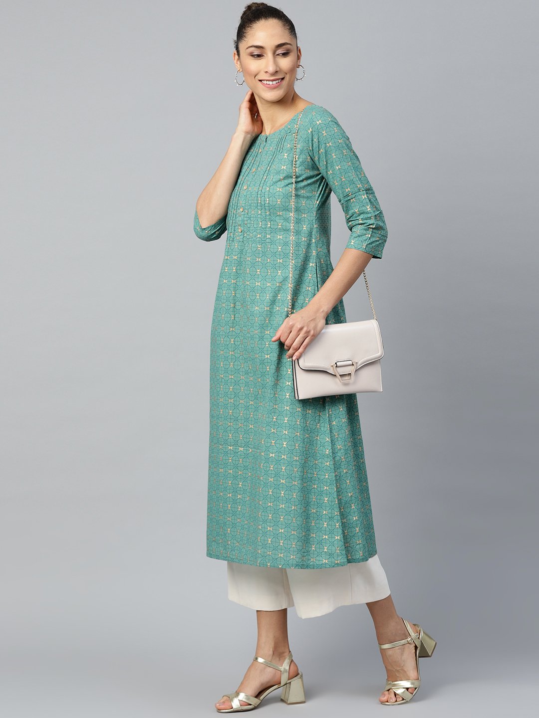 Women Green Calf Length Three-Quarter Sleeves A-Line Geometric Yoke Design Cotton Kurta | NOZ2TOZ - Made In INDIA.