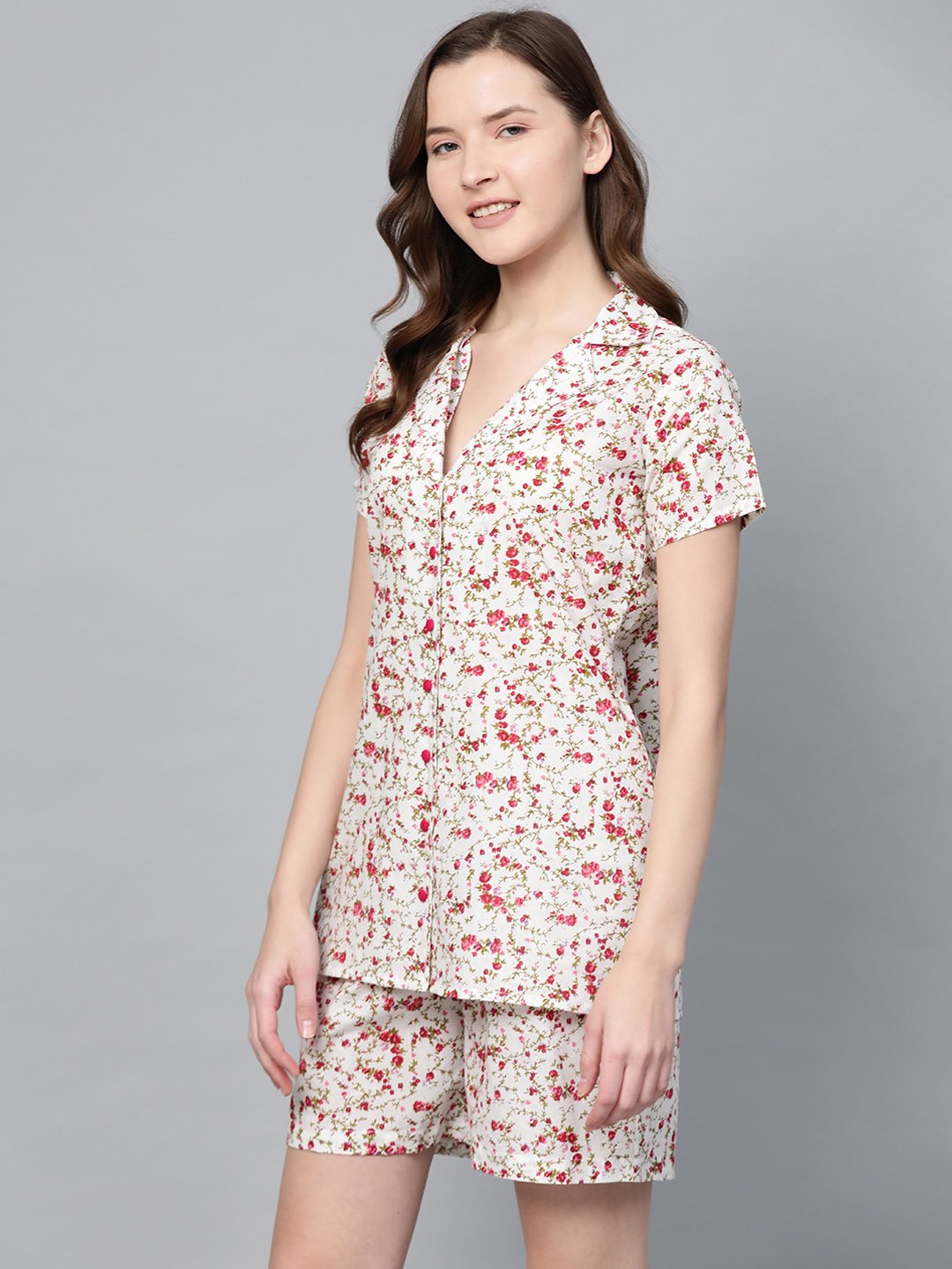 Women white floral printed night suit | NOZ2TOZ - Made In INDIA.