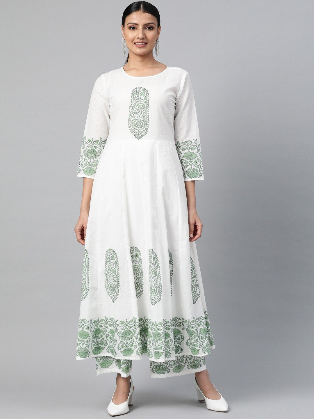 Women White Three-Quarter Sleeves Flared Kurta With Palazzo | NOZ2TOZ - Made In INDIA.