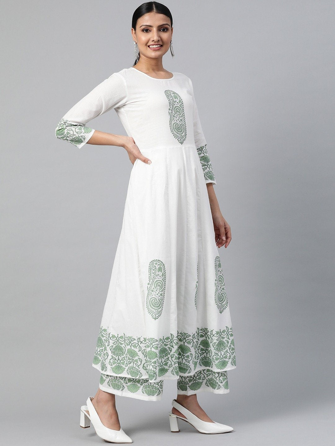 Women White Three-Quarter Sleeves Flared Kurta With Palazzo | NOZ2TOZ - Made In INDIA.