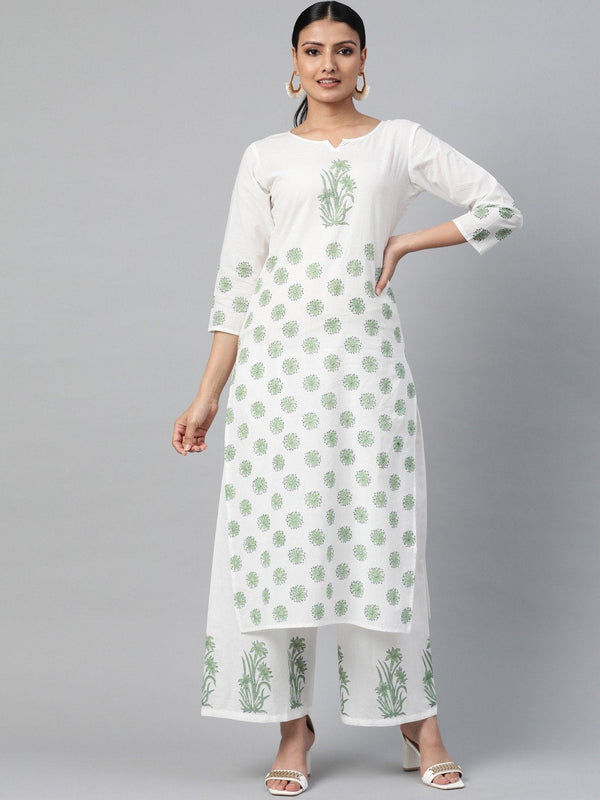 Women White Three-Quarter Sleeves Straight Kurta With Palazzo | NOZ2TOZ - Made In INDIA.