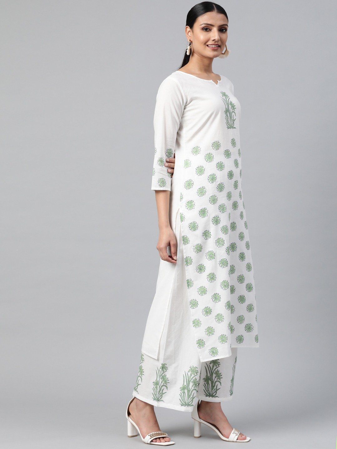 Women White Three-Quarter Sleeves Straight Kurta With Palazzo | NOZ2TOZ - Made In INDIA.