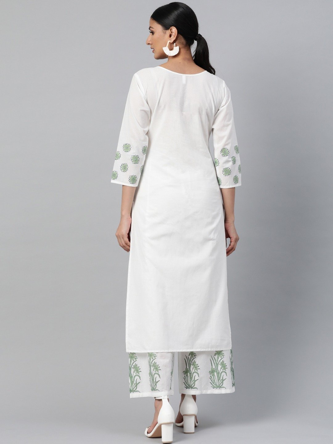 Women White Three-Quarter Sleeves Straight Kurta With Palazzo | NOZ2TOZ - Made In INDIA.