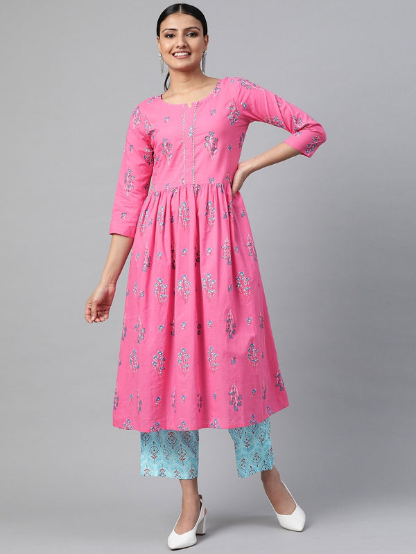 Women Pink Three-Quarter Sleeves Flared Kurta With Palazzo | NOZ2TOZ - Made In INDIA.