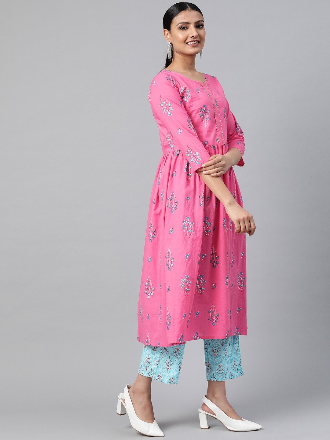 Women Pink Three-Quarter Sleeves Flared Kurta With Palazzo | NOZ2TOZ - Made In INDIA.