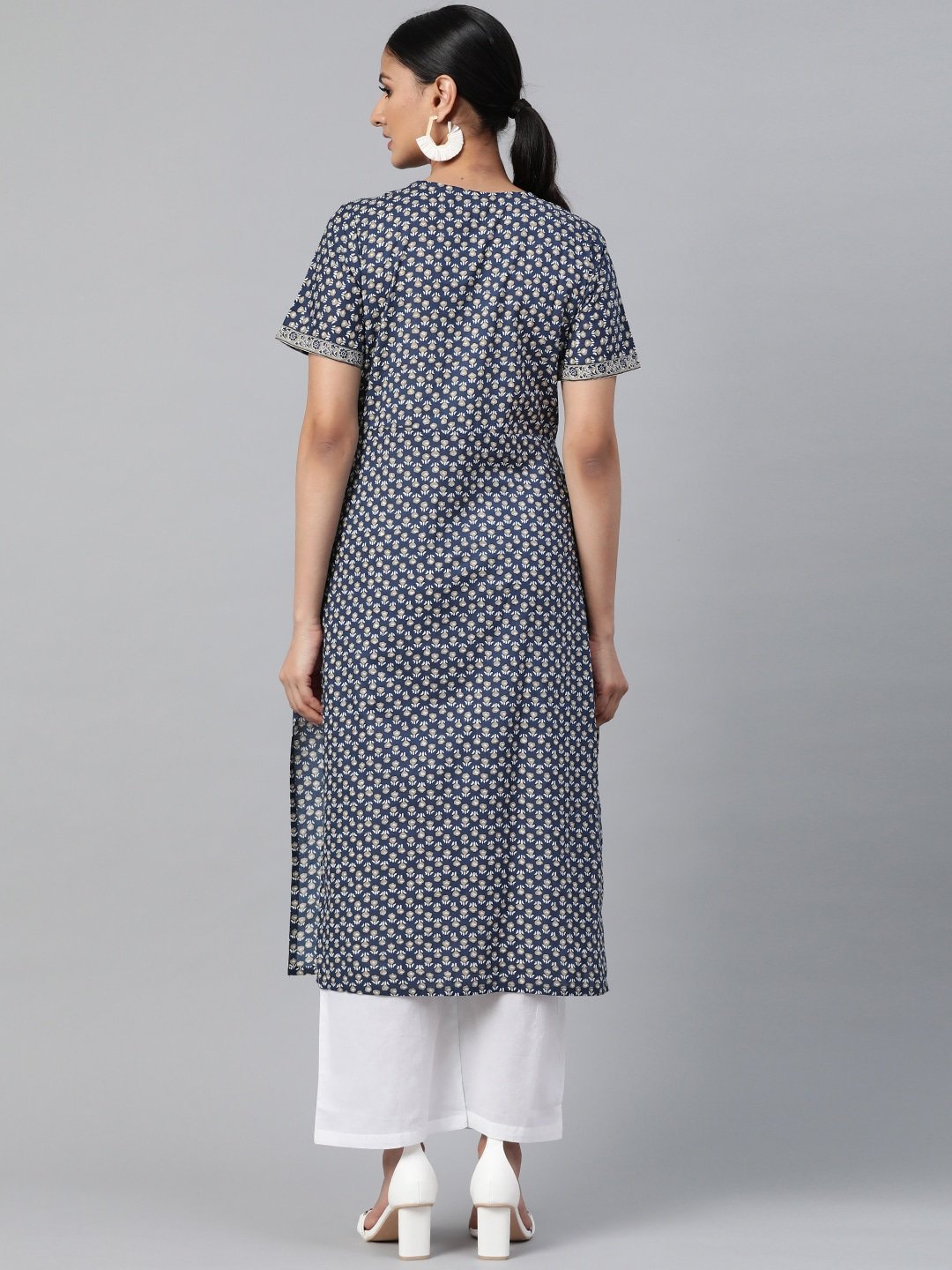 Women Black Calf Length Short Sleeves Straight Floral Printed Cotton Kurta | NOZ2TOZ - Made In INDIA.