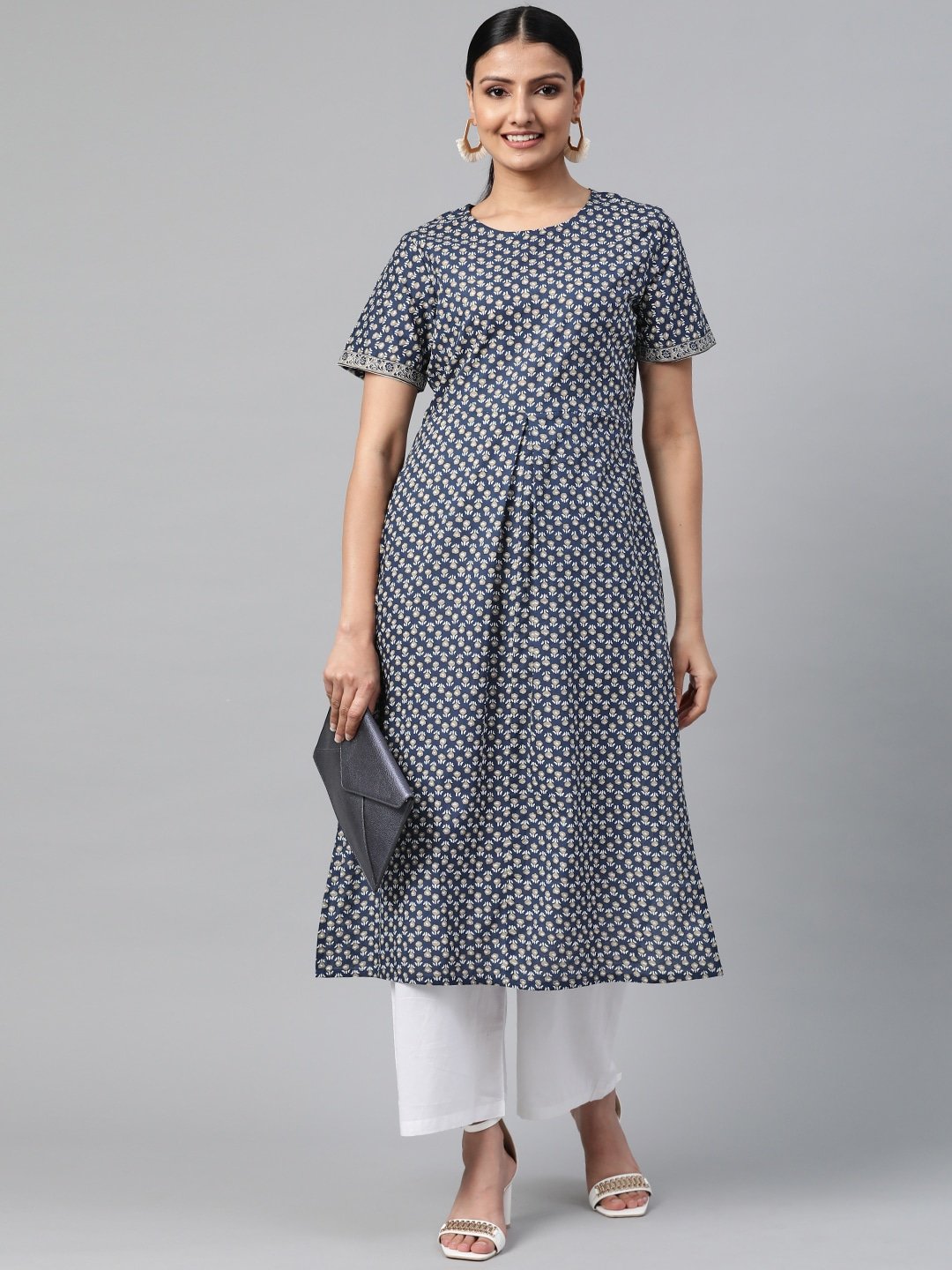 Women Black Calf Length Short Sleeves Straight Floral Printed Cotton Kurta | NOZ2TOZ - Made In INDIA.