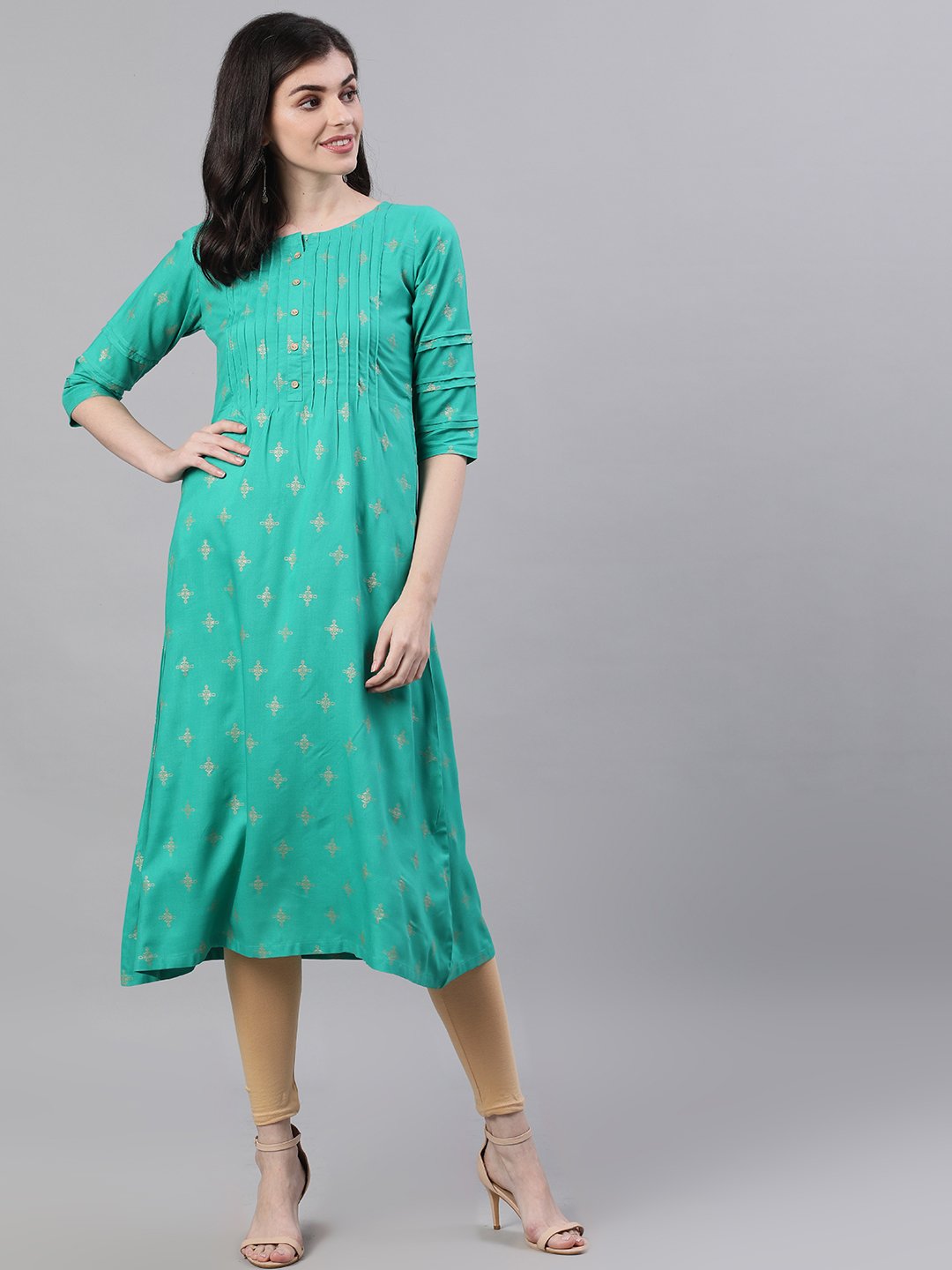 Women Green Calf Length Three-Quarter Sleeves A-Line Ethnic Motifs Printed Viscose Rayon Kurta | NOZ2TOZ - Made In INDIA.