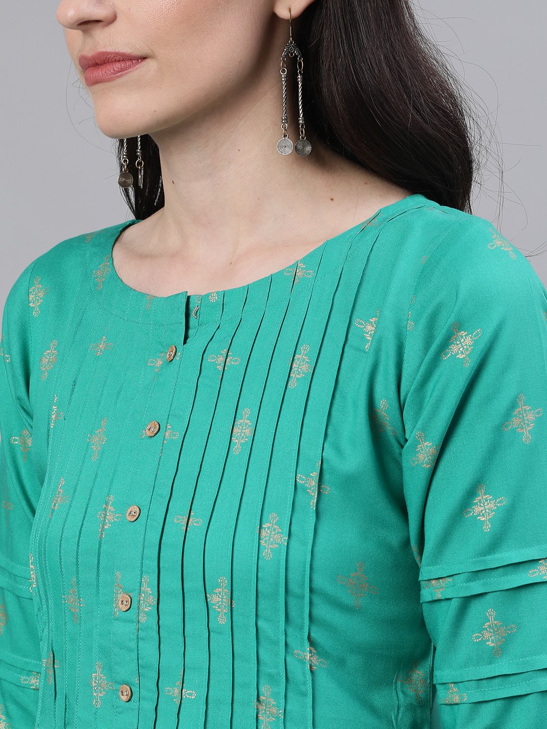 Women Green Calf Length Three-Quarter Sleeves A-Line Ethnic Motifs Printed Viscose Rayon Kurta | NOZ2TOZ - Made In INDIA.