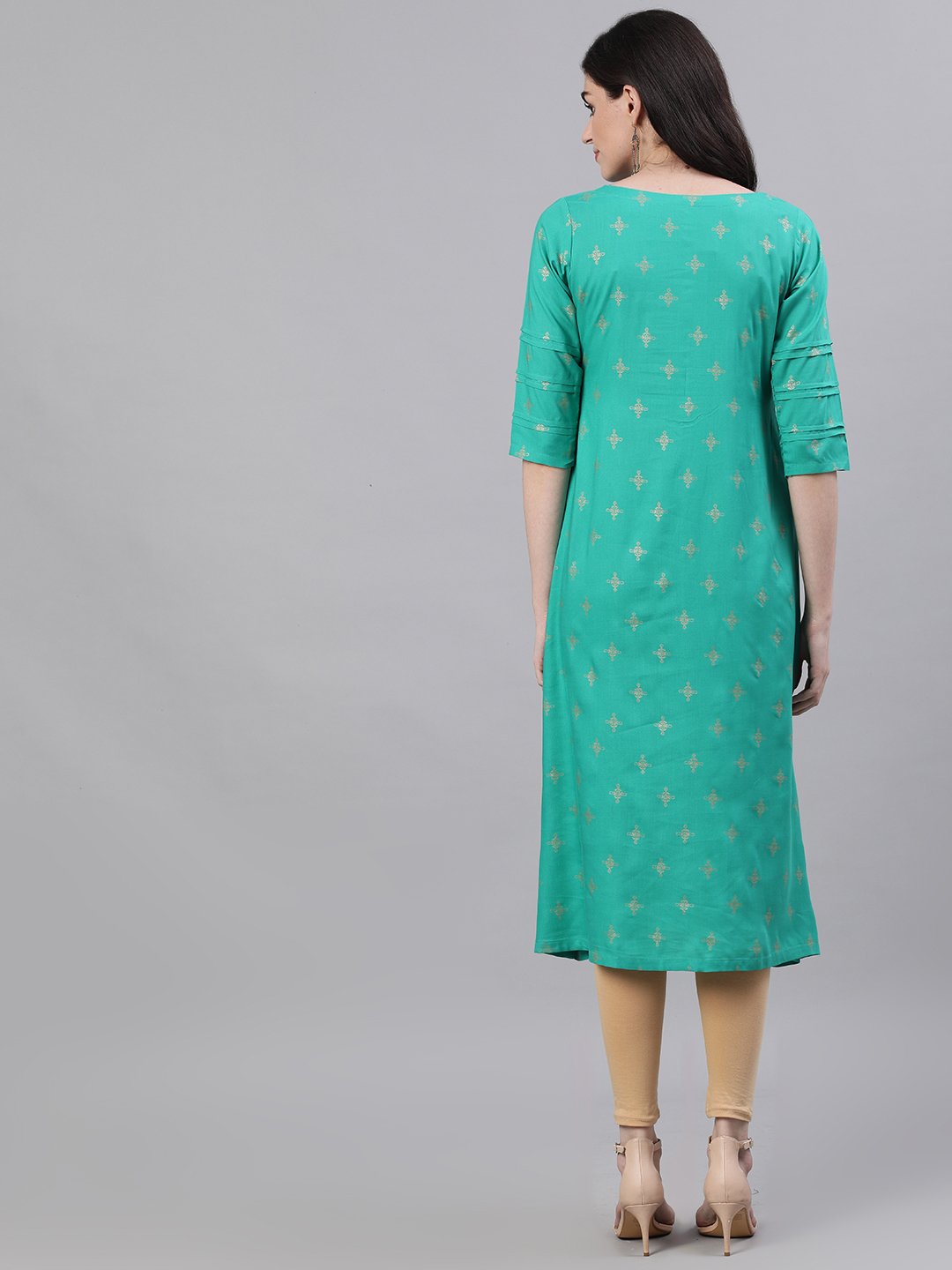 Women Green Calf Length Three-Quarter Sleeves A-Line Ethnic Motifs Printed Viscose Rayon Kurta | NOZ2TOZ - Made In INDIA.