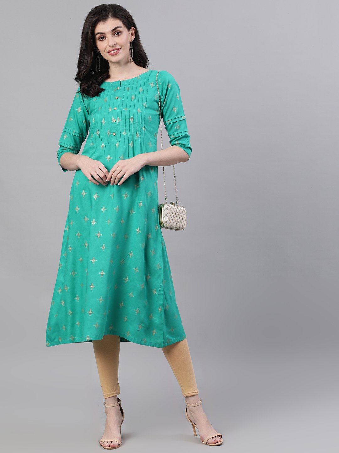 Women Green Calf Length Three-Quarter Sleeves A-Line Ethnic Motifs Printed Viscose Rayon Kurta | NOZ2TOZ - Made In INDIA.