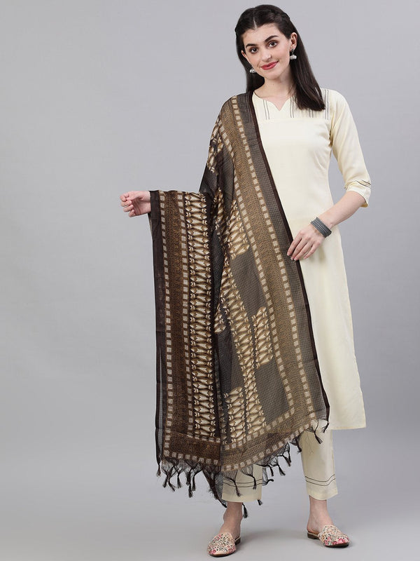 Women Cream Three-Quarter Sleeves Straight Kurta Palazzo With Dupatta | NOZ2TOZ - Made In INDIA.