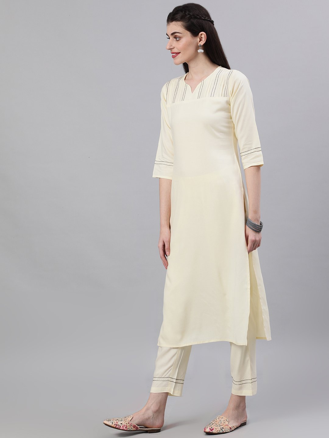 Women Cream Three-Quarter Sleeves Straight Kurta Palazzo With Dupatta | NOZ2TOZ - Made In INDIA.