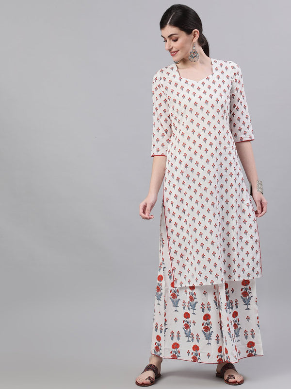 Women White Three-Quarter Sleeves Straight Kurta and Wide leg Palazzo Set | NOZ2TOZ - Made In INDIA.