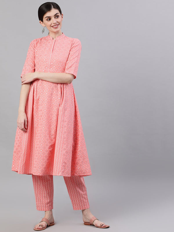 Women Light Pastel Pink Three-Quarter Sleeves Flared Kurta With Palazzo | NOZ2TOZ - Made In INDIA.