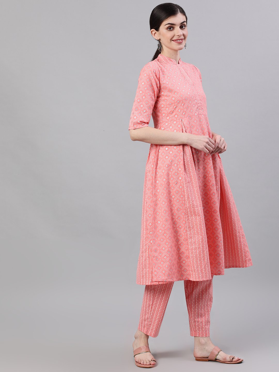 Women Light Pastel Pink Three-Quarter Sleeves Flared Kurta With Palazzo | NOZ2TOZ - Made In INDIA.