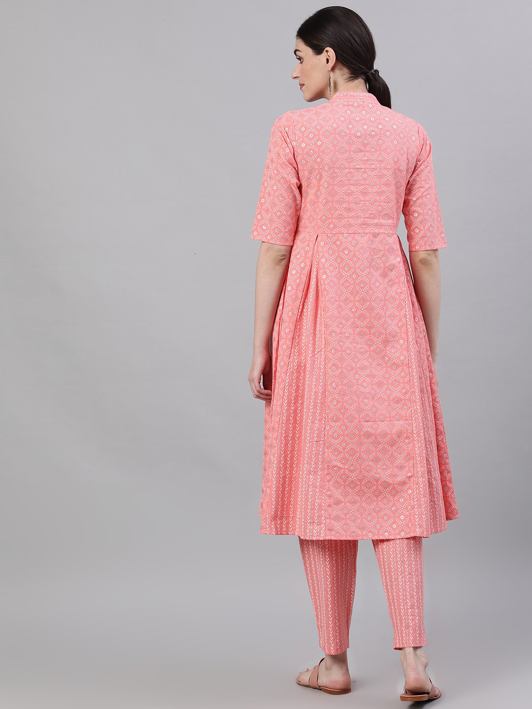 Women Light Pastel Pink Three-Quarter Sleeves Flared Kurta With Palazzo | NOZ2TOZ - Made In INDIA.