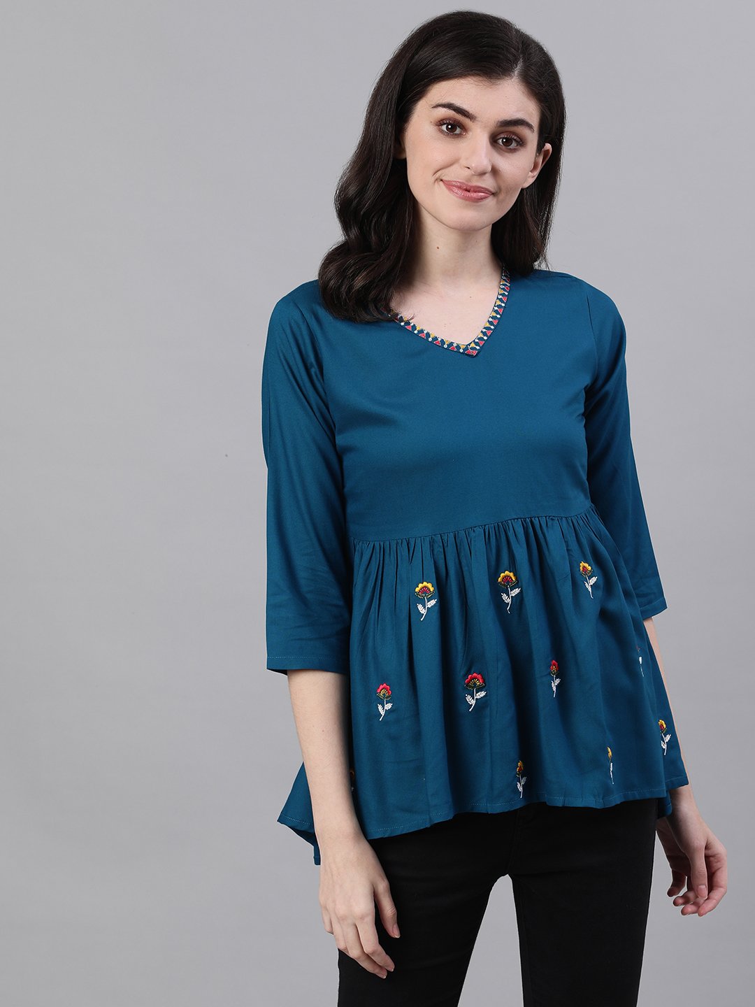 Women Teal Blue Three-Quarter Sleeves Gathered or Pleated Top | NOZ2TOZ - Made In INDIA.