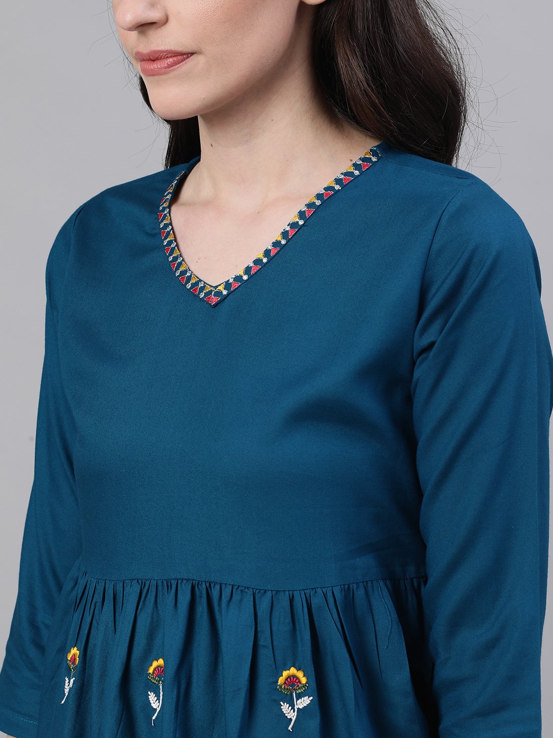 Women Teal Blue Three-Quarter Sleeves Gathered or Pleated Top | NOZ2TOZ - Made In INDIA.