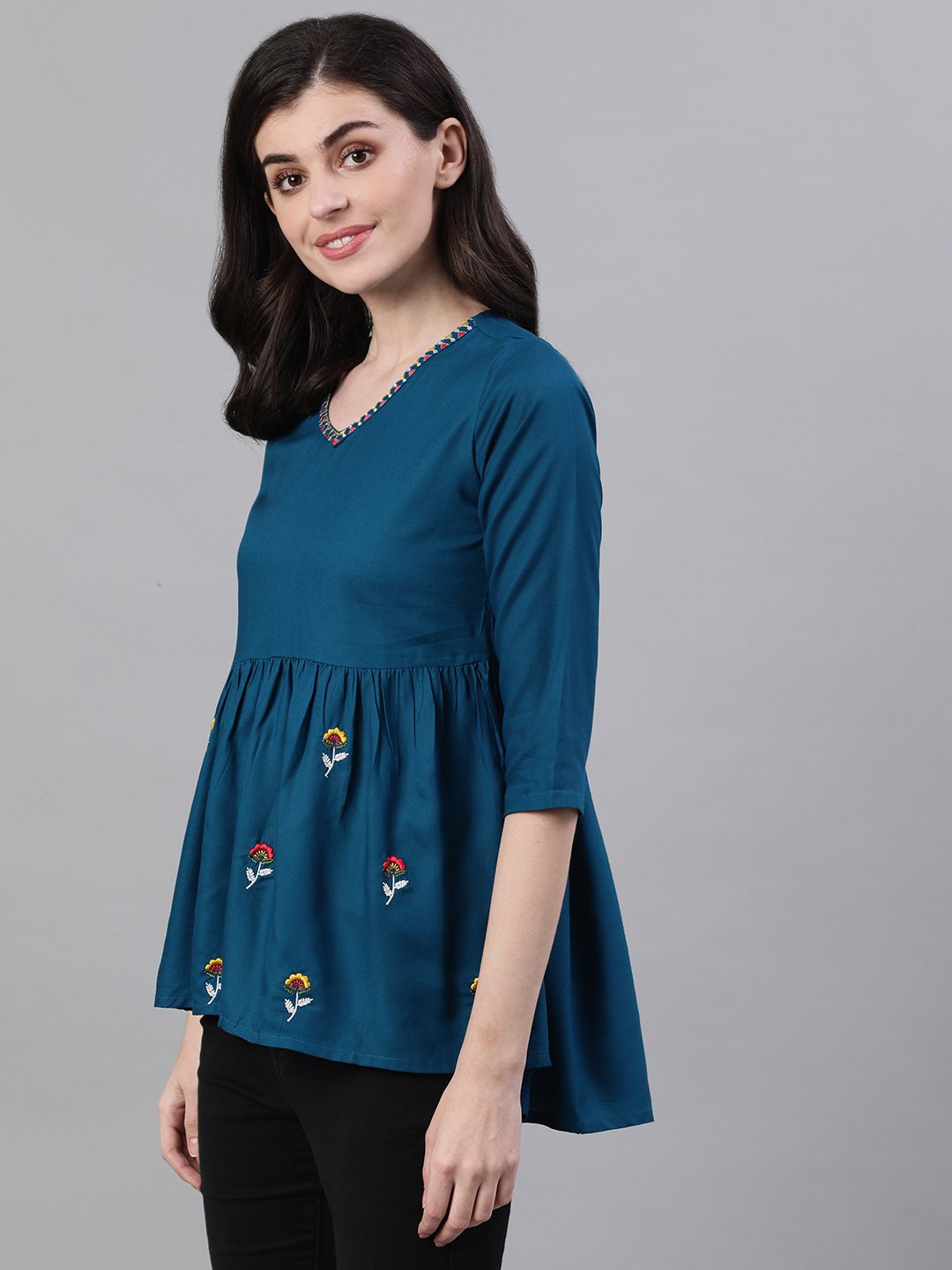 Women Teal Blue Three-Quarter Sleeves Gathered or Pleated Top | NOZ2TOZ - Made In INDIA.