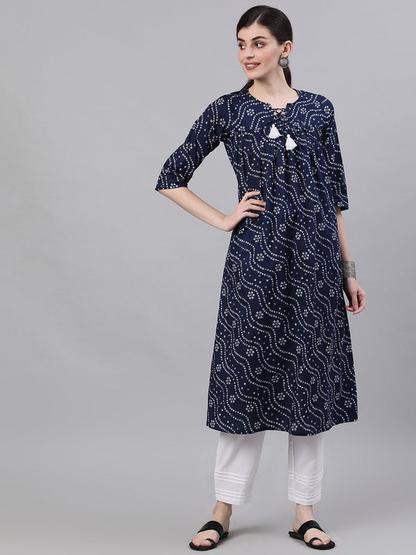 Women Navy Blue Three-Quarter Sleeves Flared Kurta With Palazzo | NOZ2TOZ - Made In INDIA.