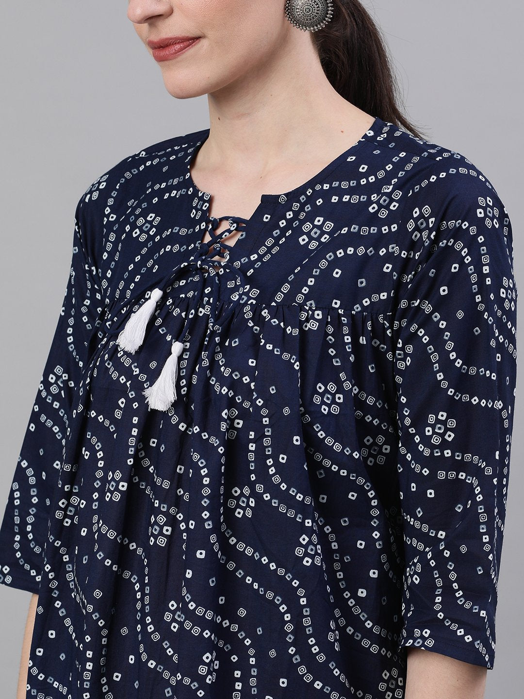 Women Navy Blue Three-Quarter Sleeves Flared Kurta With Palazzo | NOZ2TOZ - Made In INDIA.