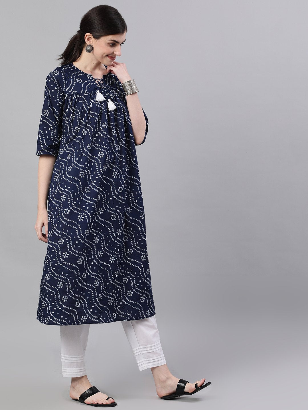 Women Navy Blue Three-Quarter Sleeves Flared Kurta With Palazzo | NOZ2TOZ - Made In INDIA.