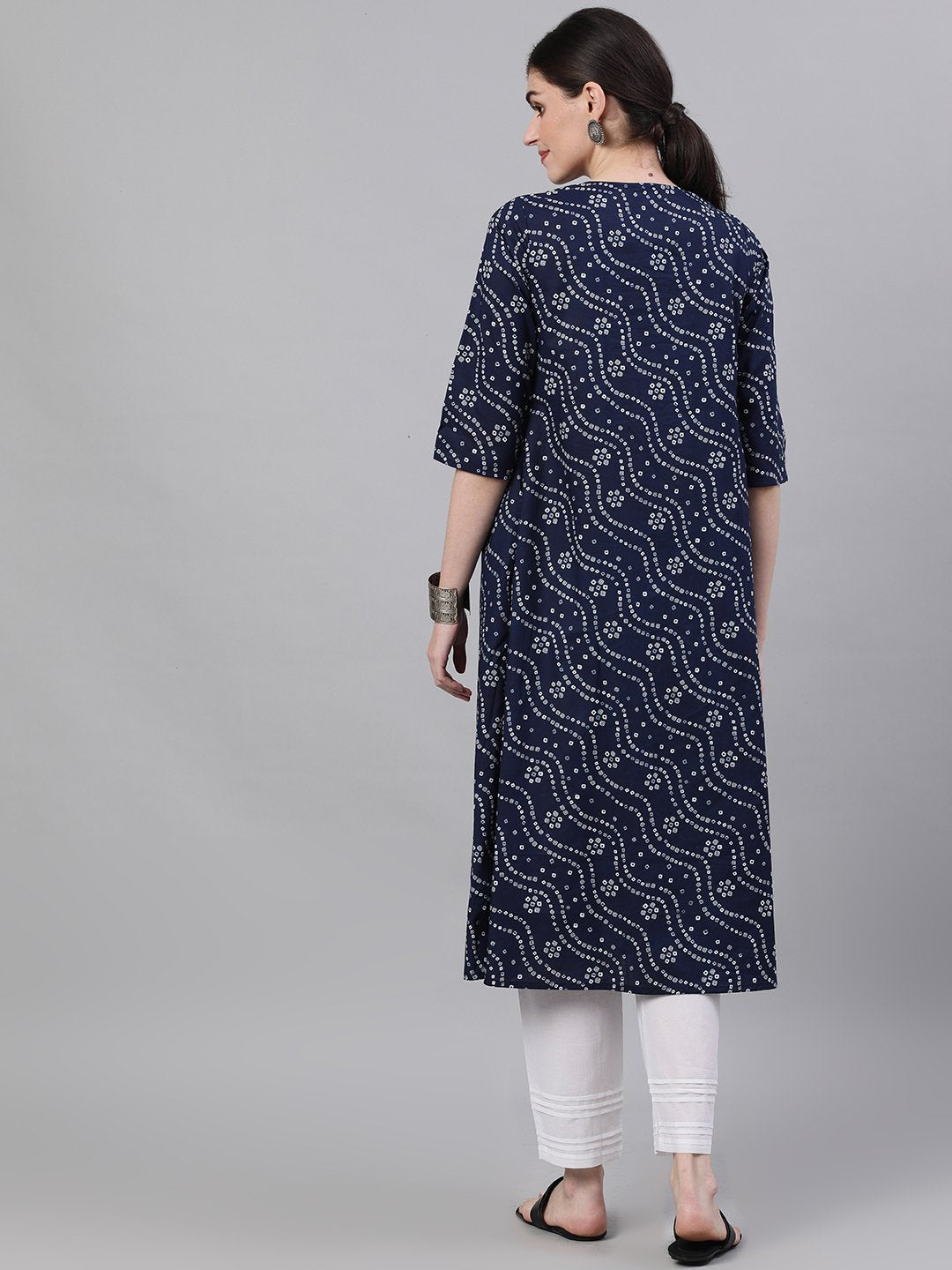 Women Navy Blue Three-Quarter Sleeves Flared Kurta With Palazzo | NOZ2TOZ - Made In INDIA.