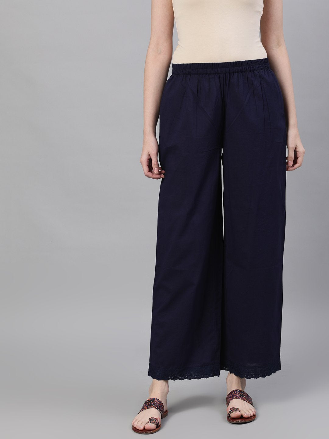 Women Navy Blue Trouser with lace detailing | NOZ2TOZ - Made In INDIA.