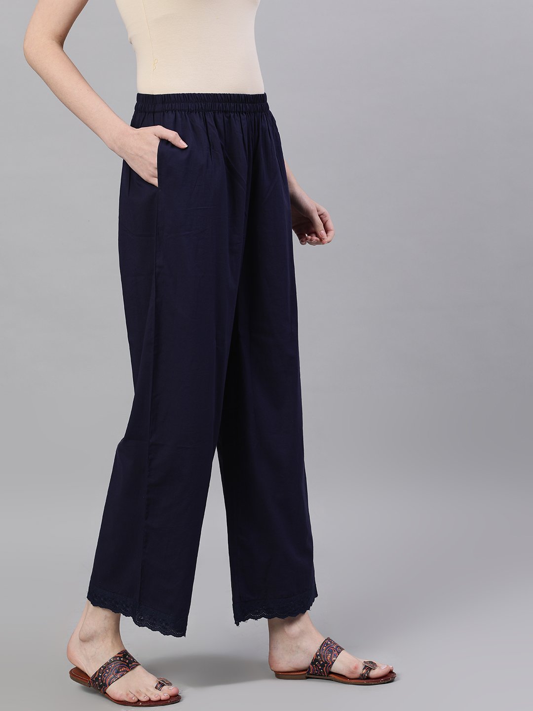 Women Navy Blue Trouser with lace detailing | NOZ2TOZ - Made In INDIA.