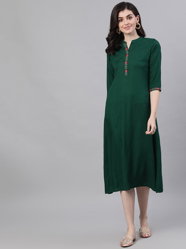 Women Green Solid Solid Mandarin Collar Viscose Rayon A-Line Dress | NOZ2TOZ - Made In INDIA.