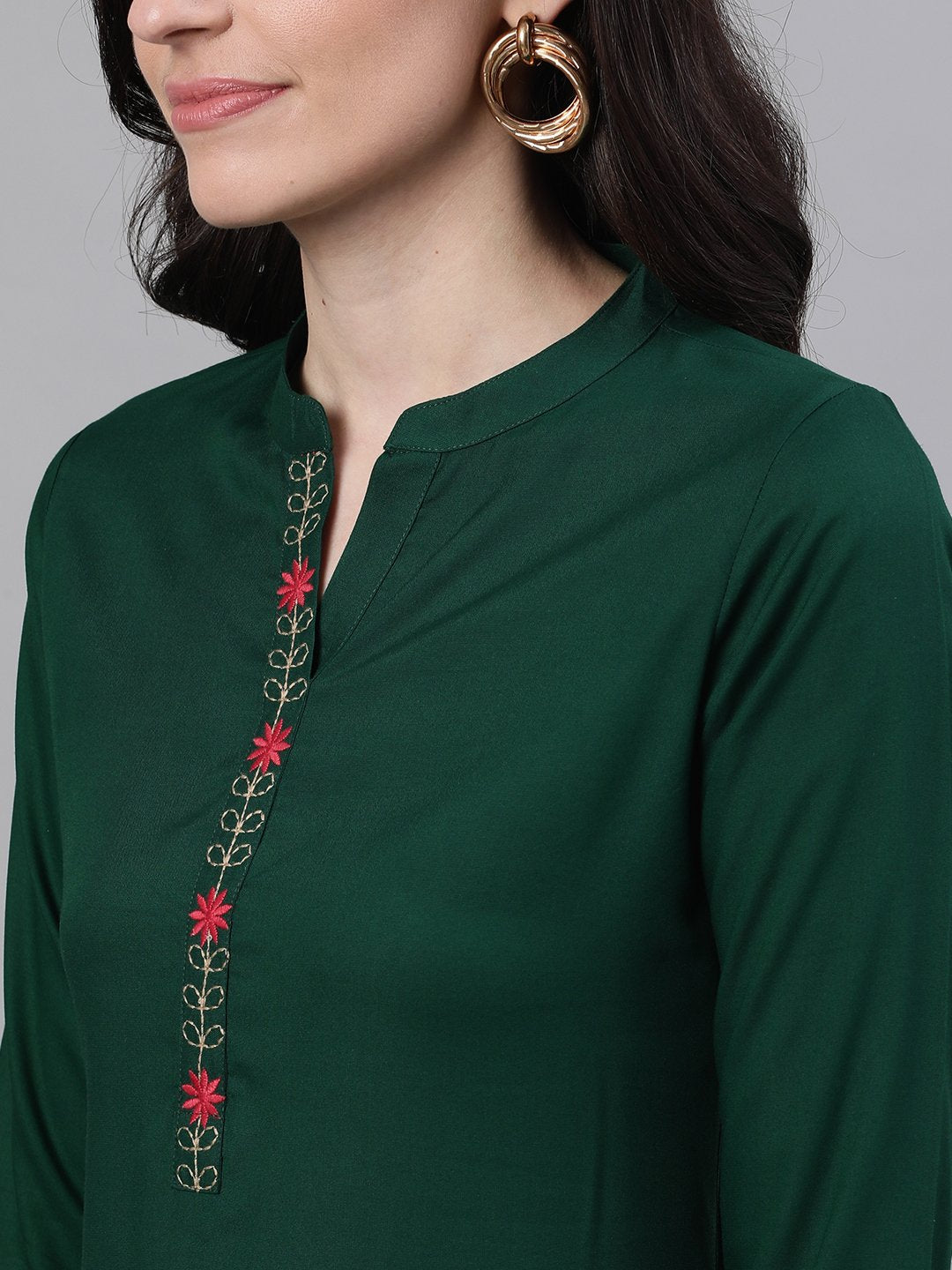 Women Green Solid Solid Mandarin Collar Viscose Rayon A-Line Dress | NOZ2TOZ - Made In INDIA.