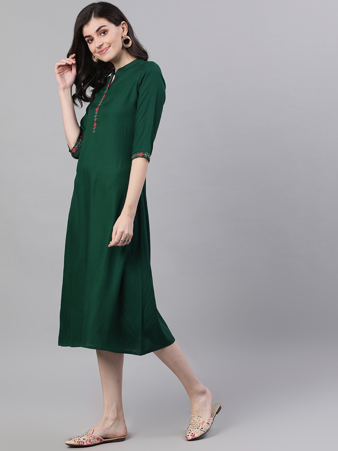 Women Green Solid Solid Mandarin Collar Viscose Rayon A-Line Dress | NOZ2TOZ - Made In INDIA.