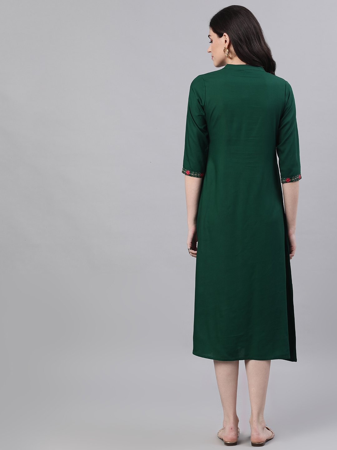 Women Green Solid Solid Mandarin Collar Viscose Rayon A-Line Dress | NOZ2TOZ - Made In INDIA.