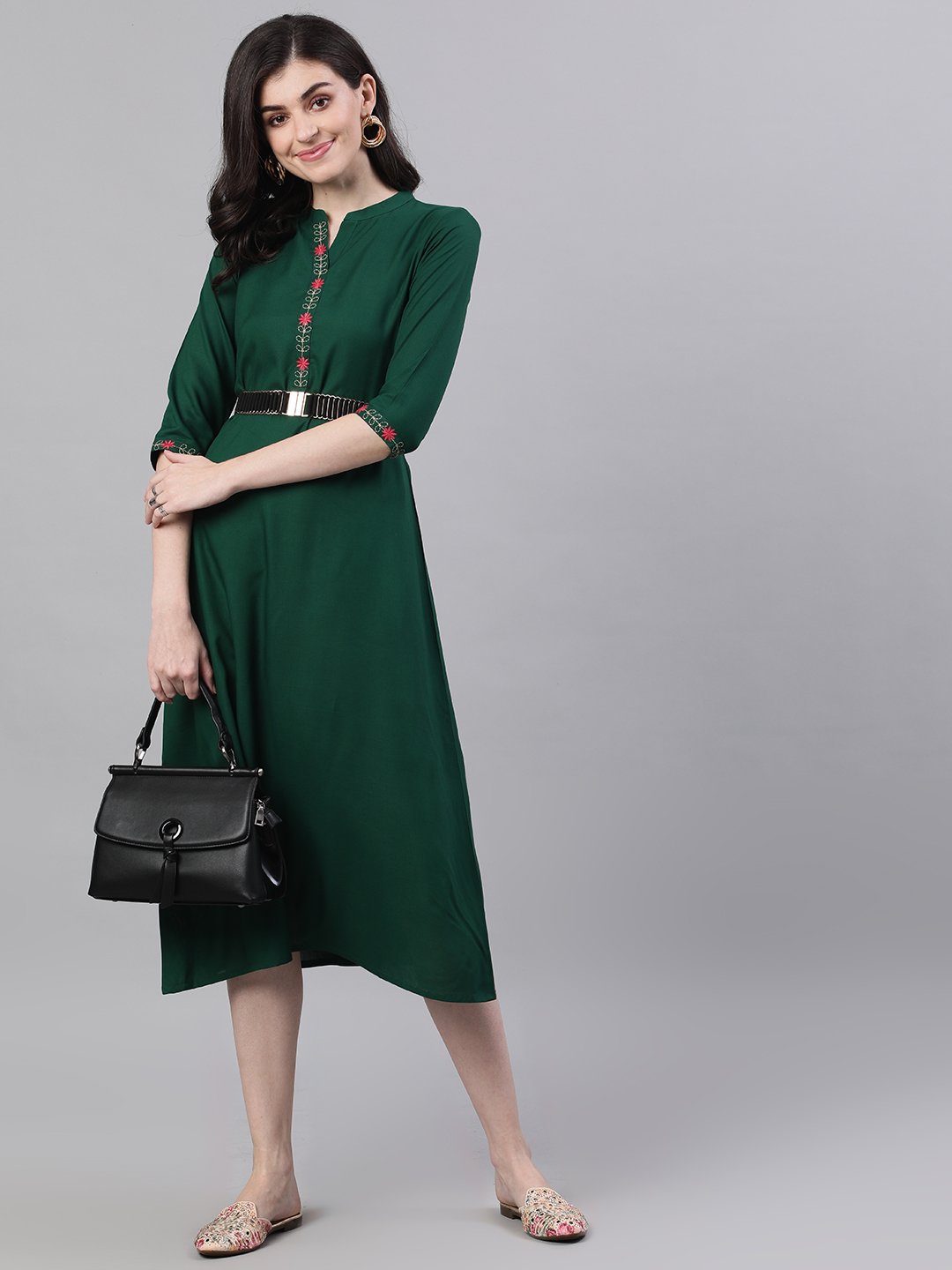 Women Green Solid Solid Mandarin Collar Viscose Rayon A-Line Dress | NOZ2TOZ - Made In INDIA.