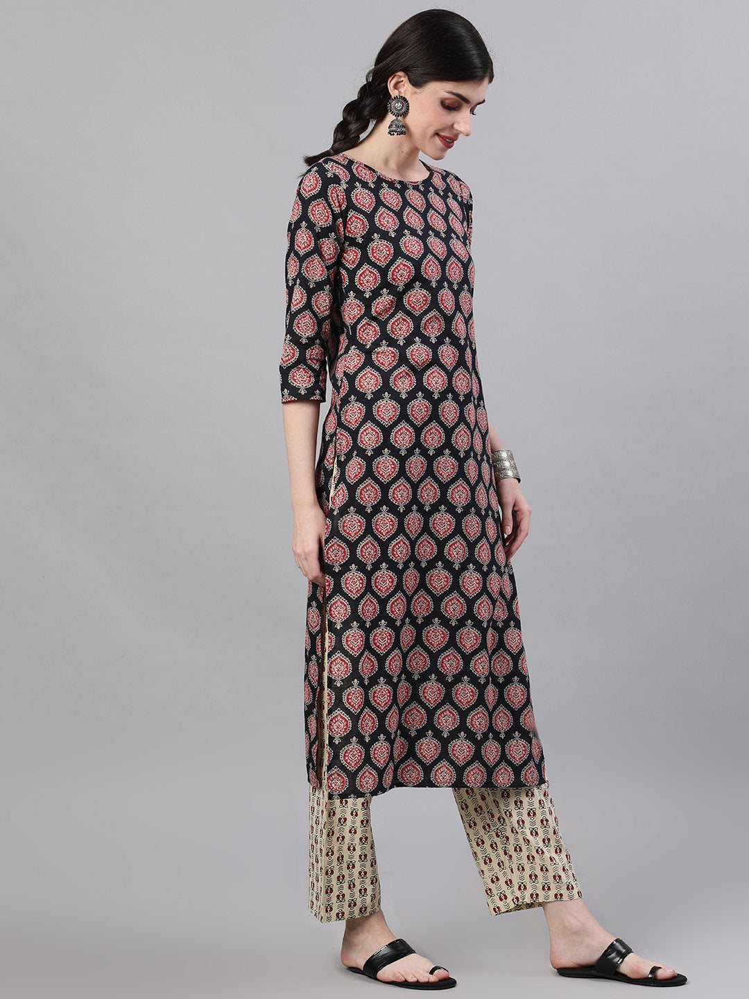 Women Black Three-Quarter Sleeves Straight Kurta Palazzo With Dupatta | NOZ2TOZ - Made In INDIA.