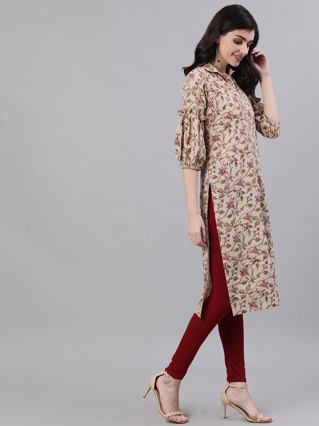 Women Beige Calf Length Three-Quarter Sleeves Straight Floral Printed Cotton Kurta | NOZ2TOZ - Made In INDIA.