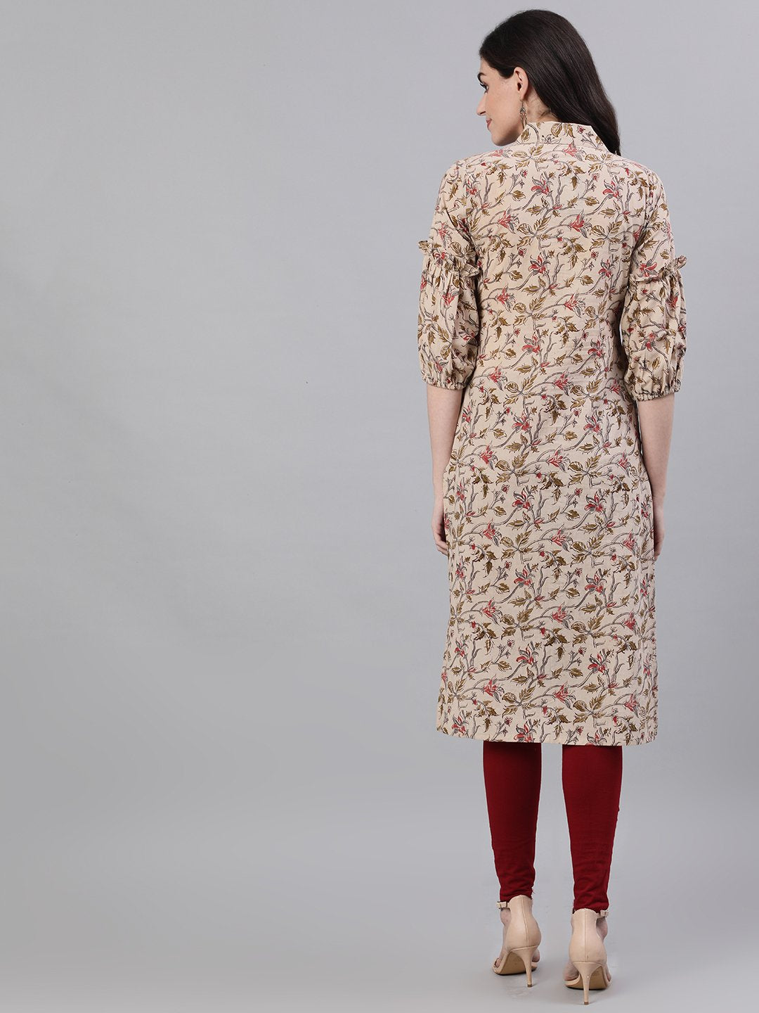 Women Beige Calf Length Three-Quarter Sleeves Straight Floral Printed Cotton Kurta | NOZ2TOZ - Made In INDIA.