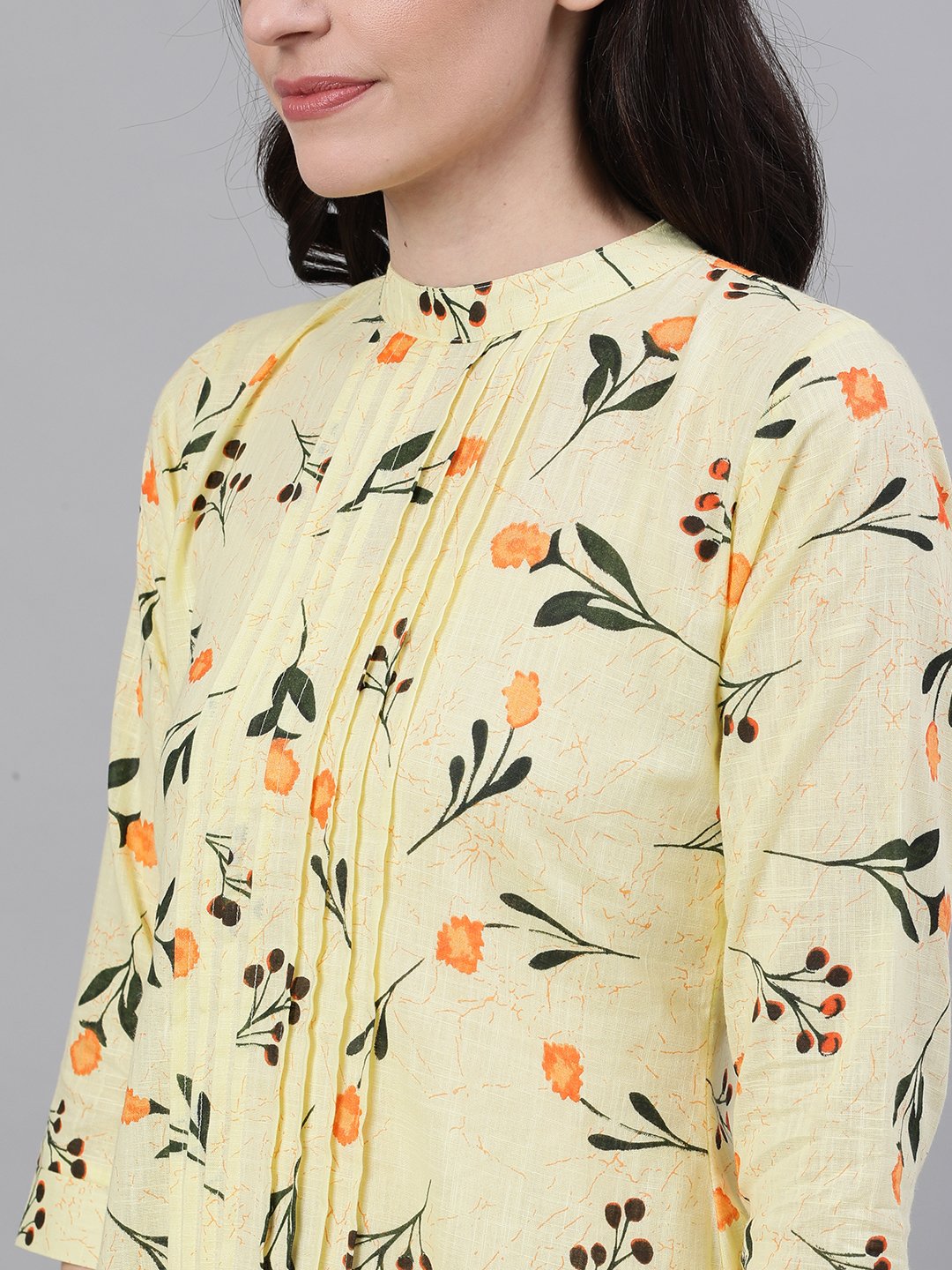 Women yellow floral print pin-tuck tunic | NOZ2TOZ - Made In INDIA.