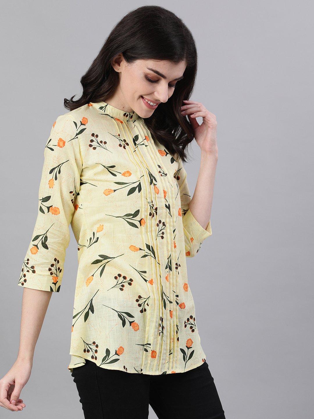 Women yellow floral print pin-tuck tunic | NOZ2TOZ - Made In INDIA.