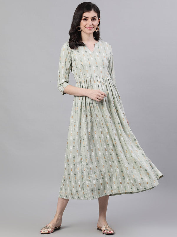 Women Sage Green Geometric Printed V-Neck Viscose Rayon Fit and Flare Dress | NOZ2TOZ - Made In INDIA.