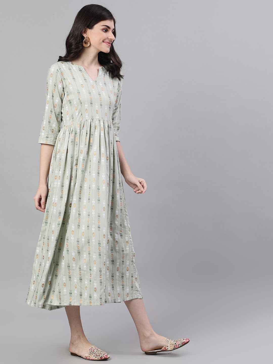 Women Sage Green Geometric Printed V-Neck Viscose Rayon Fit and Flare Dress | NOZ2TOZ - Made In INDIA.