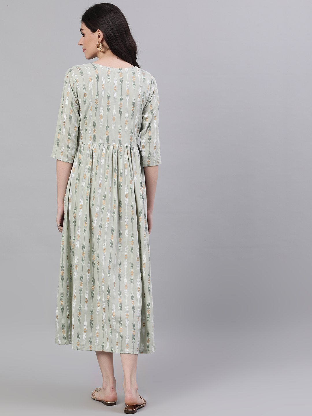 Women Sage Green Geometric Printed V-Neck Viscose Rayon Fit and Flare Dress | NOZ2TOZ - Made In INDIA.