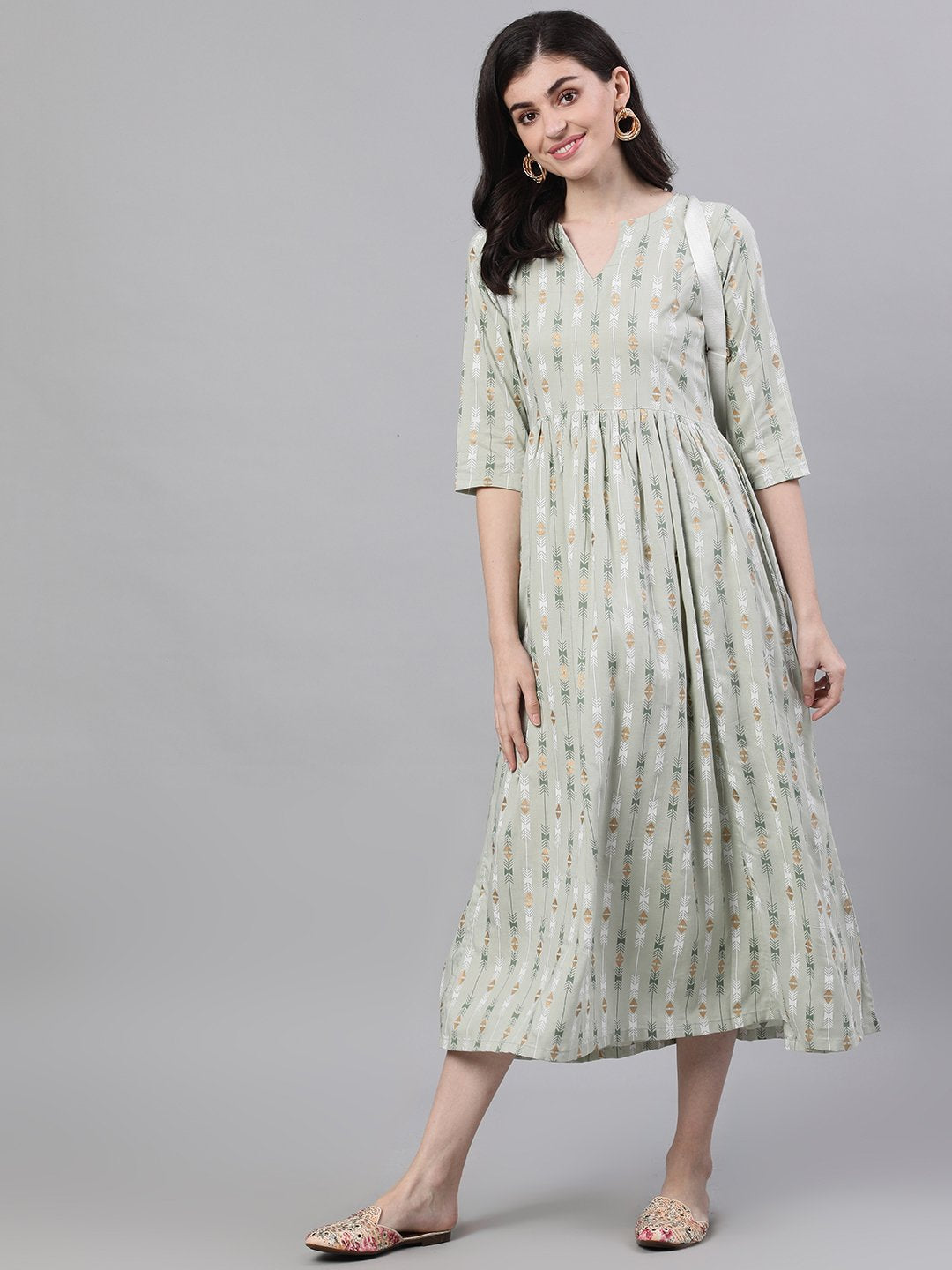 Women Sage Green Geometric Printed V-Neck Viscose Rayon Fit and Flare Dress | NOZ2TOZ - Made In INDIA.