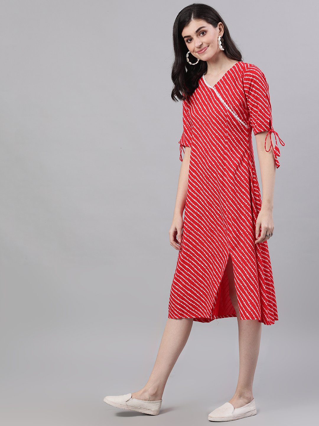 Women Red Striped Striped V-Neck Viscose Rayon A-Line Dress | NOZ2TOZ - Made In INDIA.