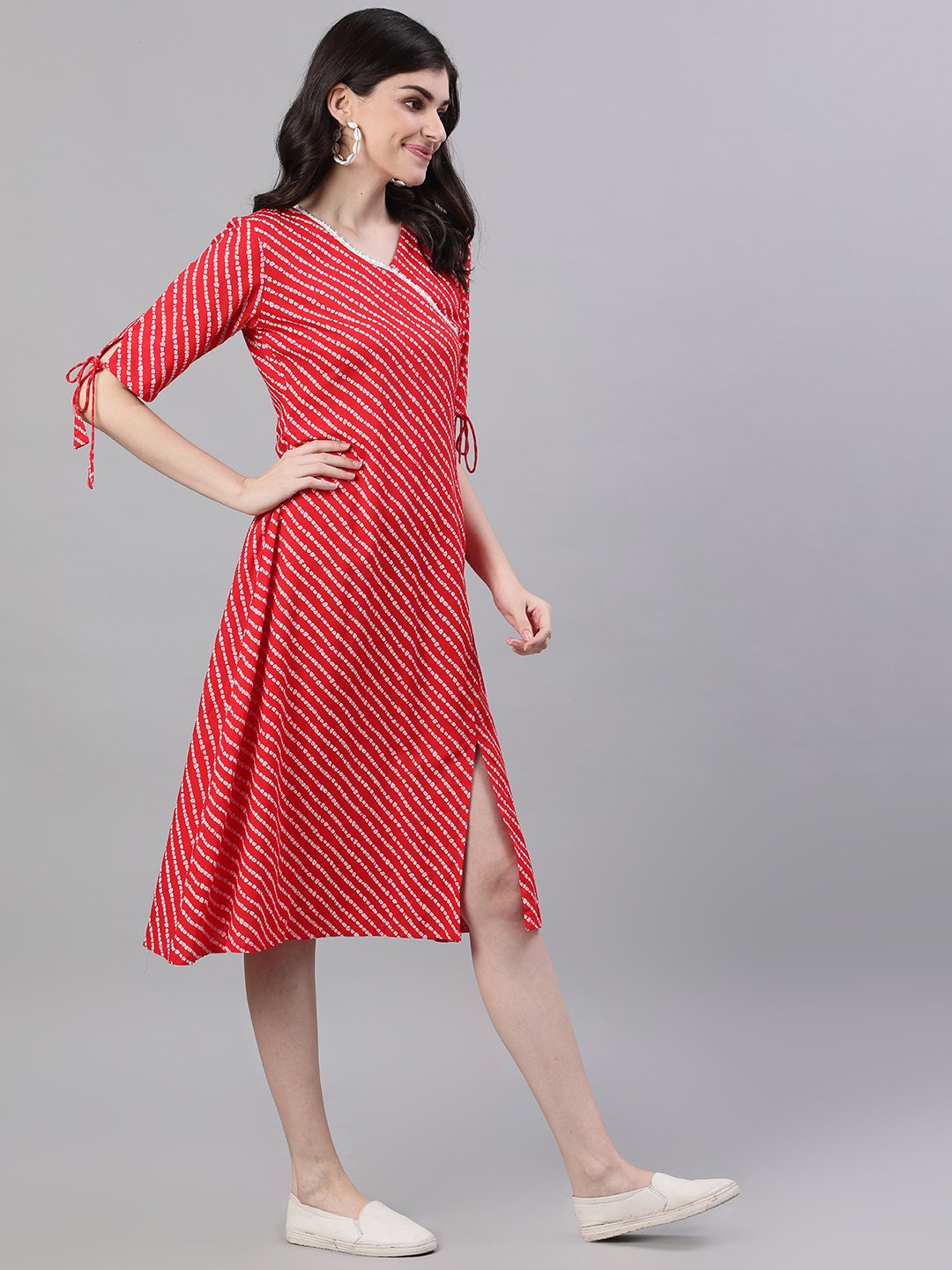 Women Red Striped Striped V-Neck Viscose Rayon A-Line Dress | NOZ2TOZ - Made In INDIA.