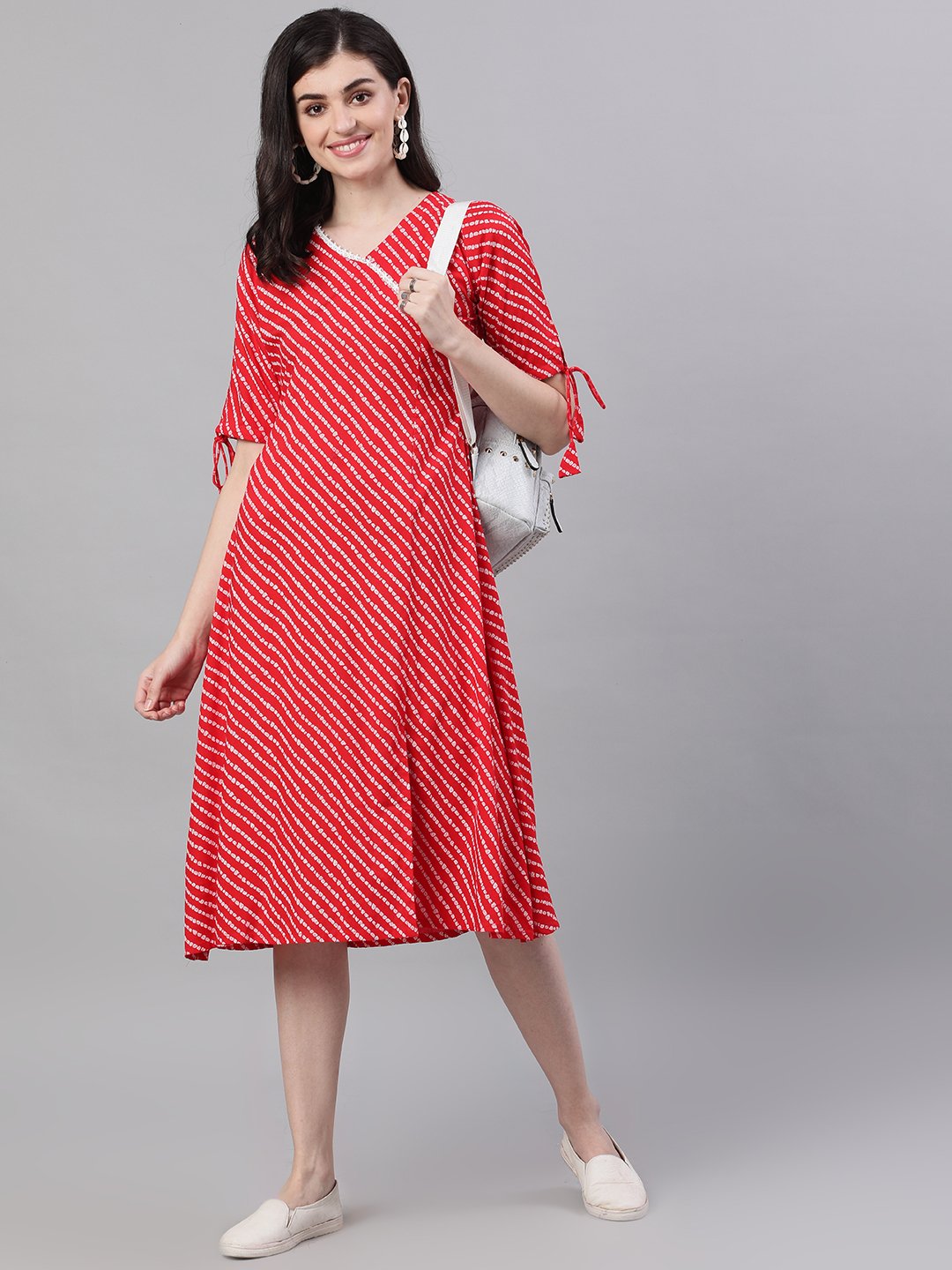 Women Red Striped Striped V-Neck Viscose Rayon A-Line Dress | NOZ2TOZ - Made In INDIA.