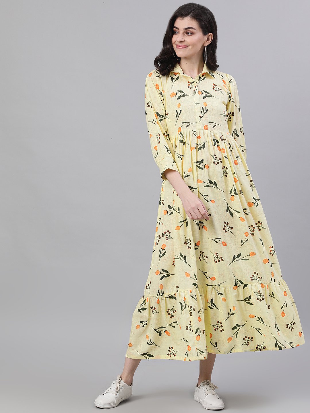 Women Yellow Floral Printed Shirt Collar Cotton A-Line Dress | NOZ2TOZ - Made In INDIA.