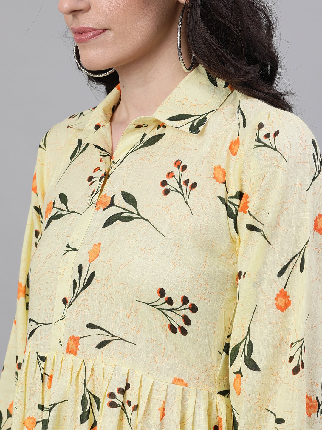 Women Yellow Floral Printed Shirt Collar Cotton A-Line Dress | NOZ2TOZ - Made In INDIA.